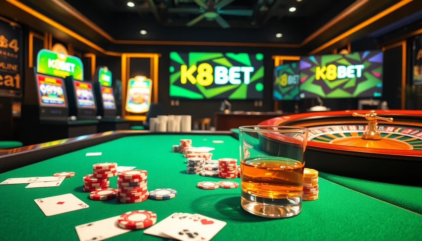 K8BET casino setting showcasing vibrant gaming elements with poker chips and slot machines.