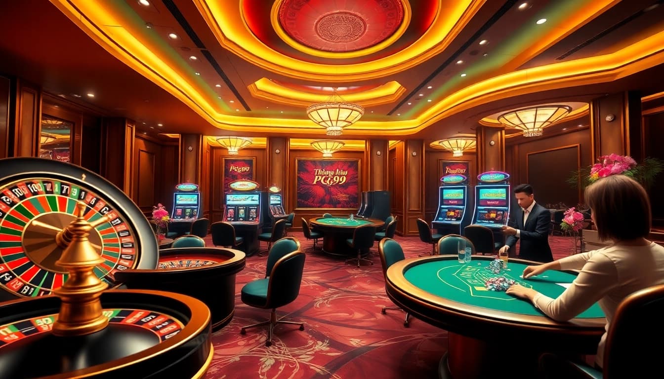 Experience the excitement of Thương hiệu PG99 in a vibrant casino setting with poker tables and roulette spins.