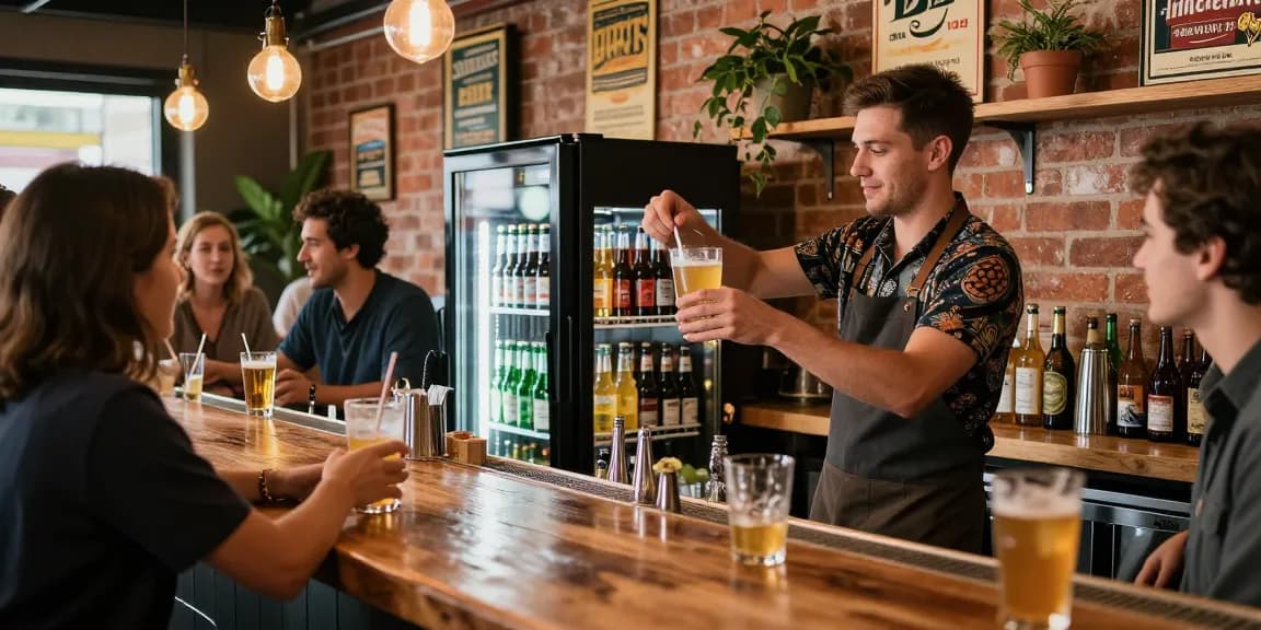 Commercial Bottle Coolers in a bustling bar atmosphere with bartender serving chilled drinks.