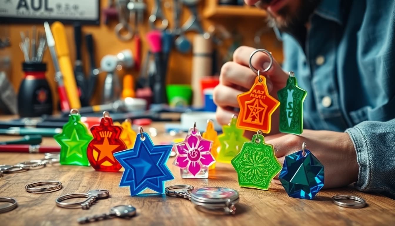A vibrant custom acrylic keychain maker displaying intricately designed keychains that showcase creativity.