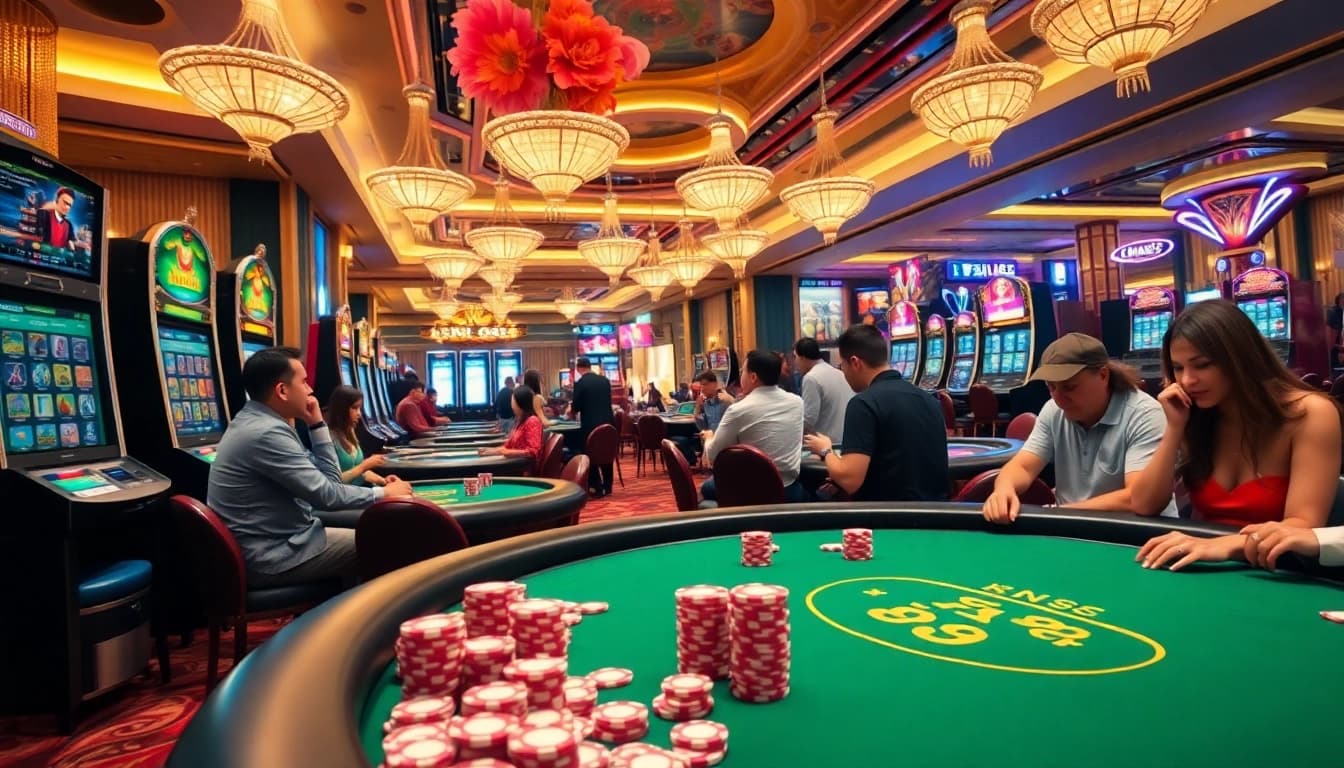 Experience the excitement of xin88 in a vibrant casino with players at tables and lively slot machines.