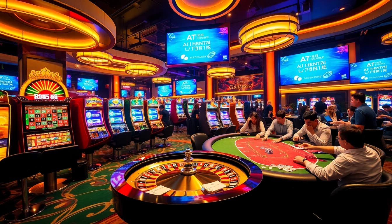Players engaging in thrilling casino actions, featuring AI Hentai Chat ads promoting virtual interactions amid the vibrant atmosphere.