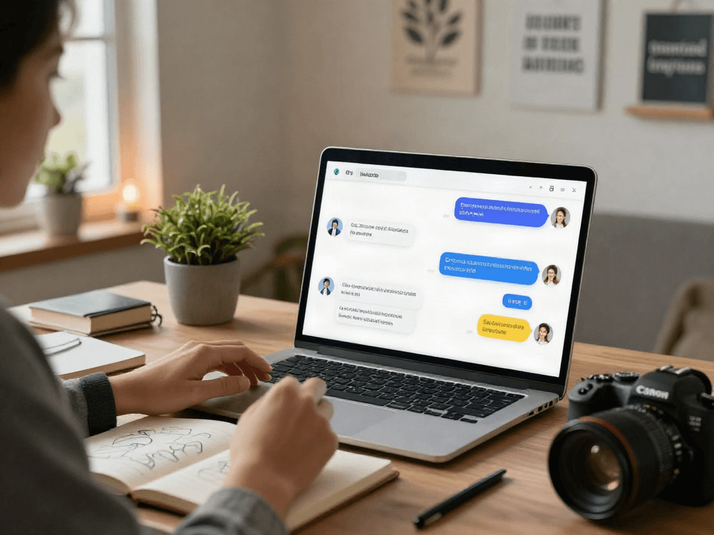 Engaging in a porn ai chat with a virtual assistant on a sleek laptop, highlighting modern technology integration in a cozy home office.