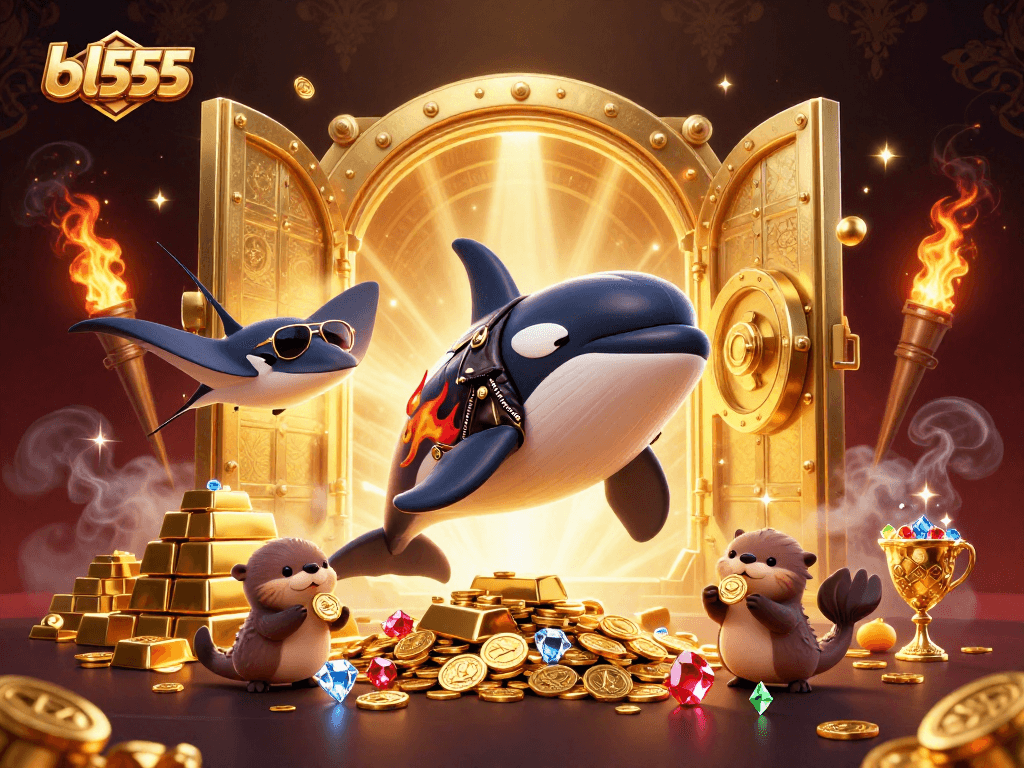Engage with bl555 in a vibrant casino scene featuring characters celebrating with gold coins.
