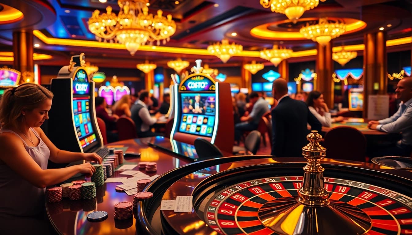 Experience excitement at the doaslot-themed casino with vibrant slot machines and engaged players.