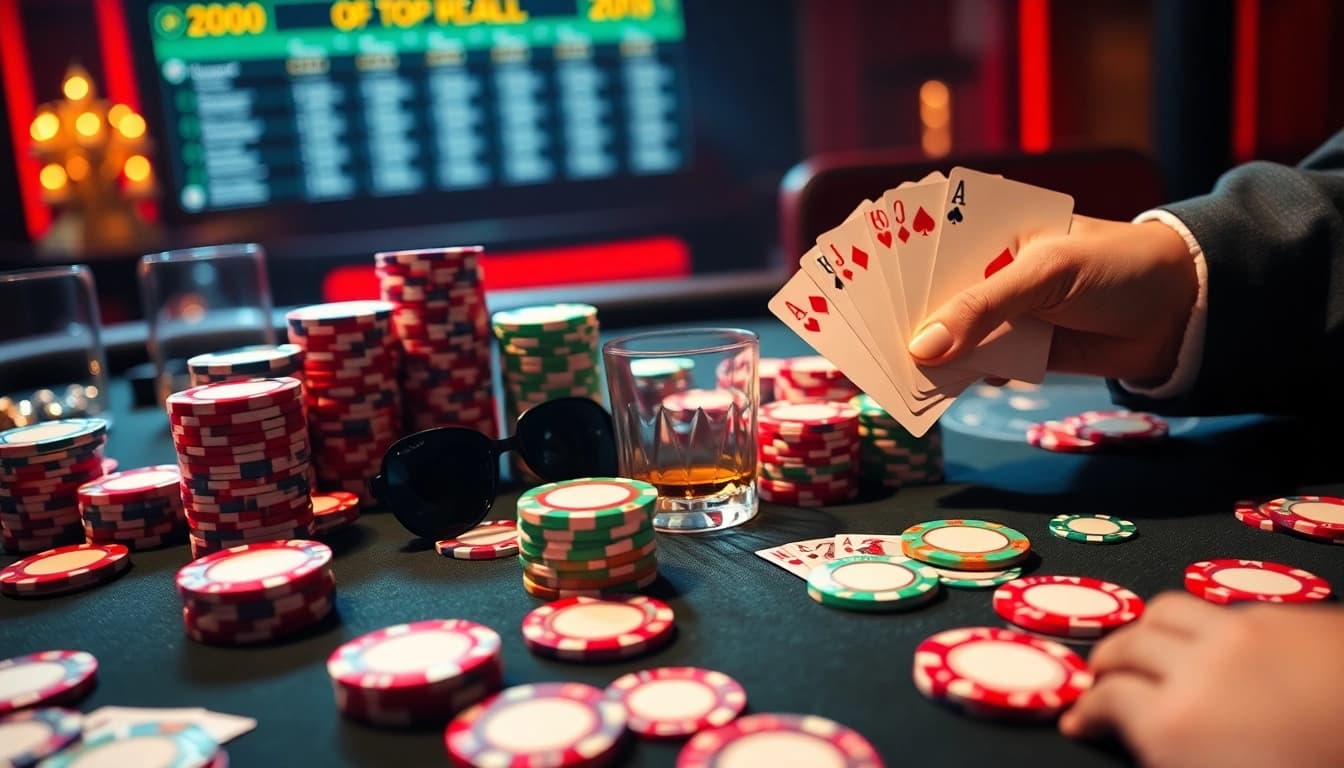 Top nhà cái poker table scene with vibrant chips and cards