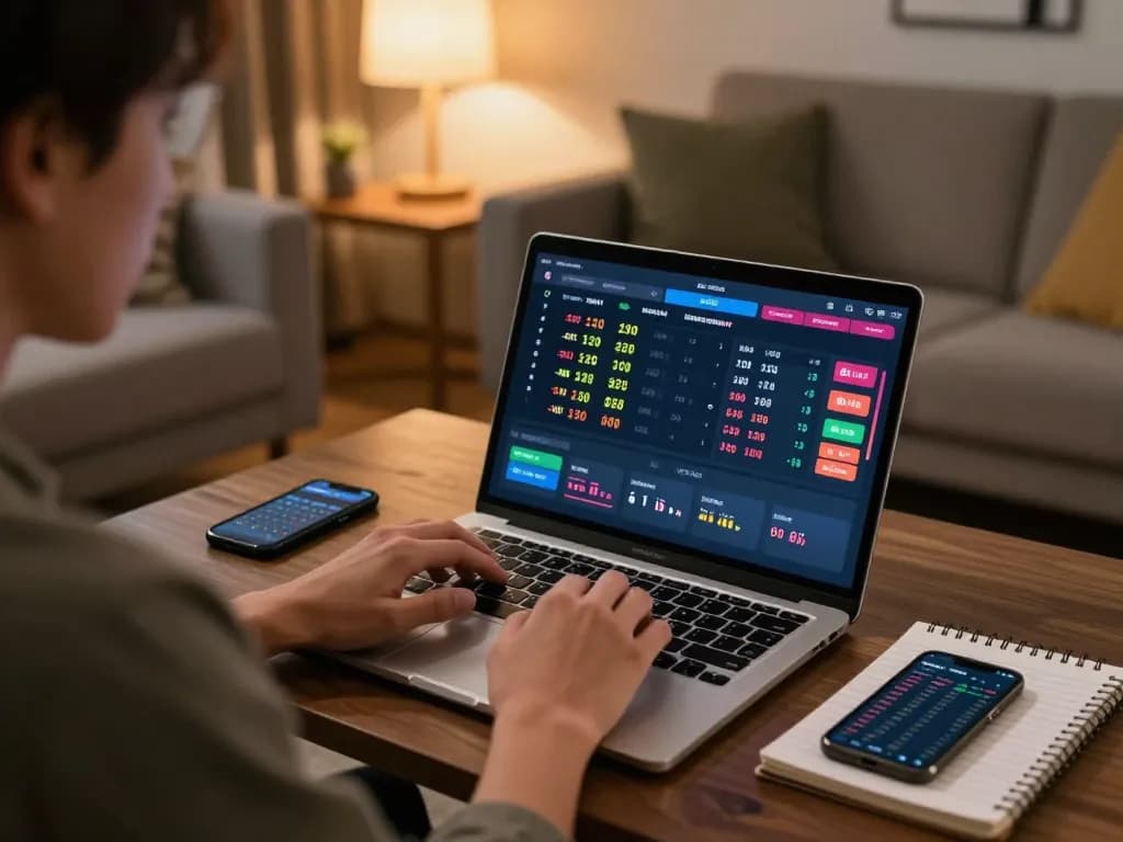 VIC88 user engaging in live sports betting on a laptop with strategies in view