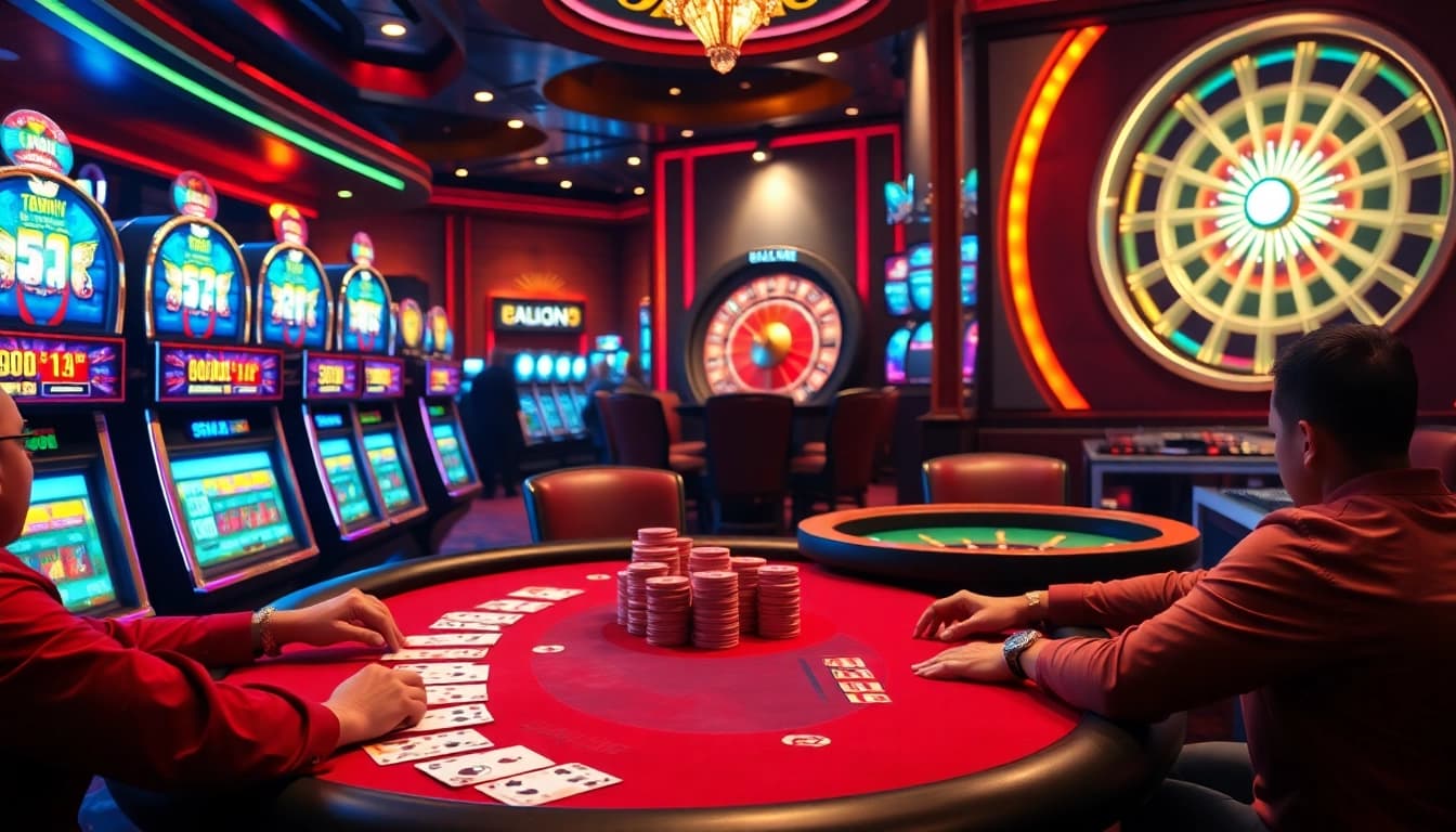 Players engaged at the poker table in the vibrant nhà cái 78win casino, showcasing thrilling betting action.