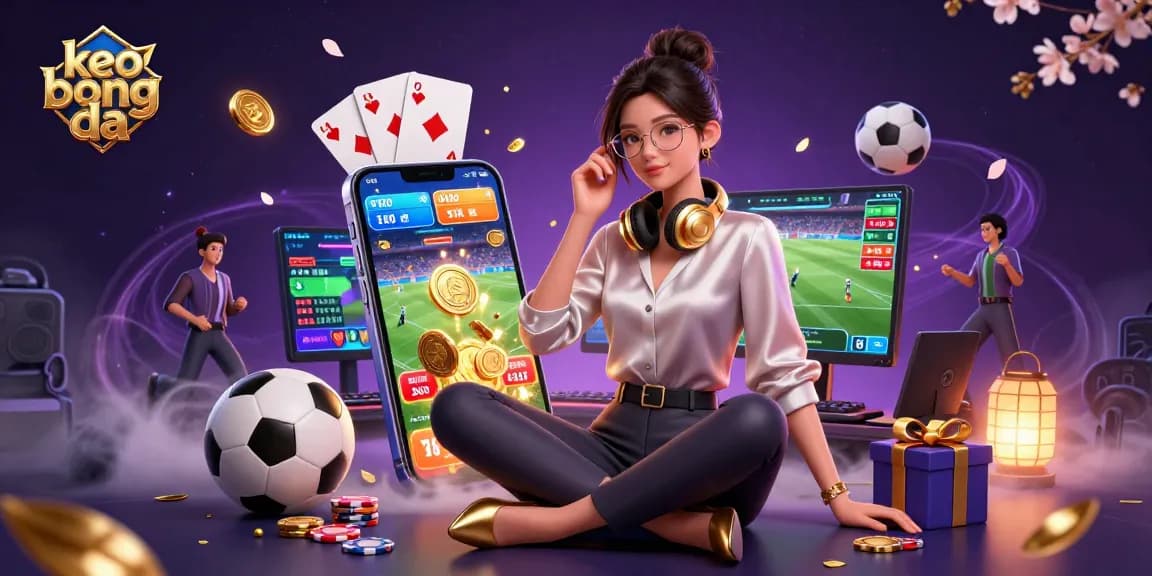 Engage with keo bong da via a photorealistic Asian woman showcasing soccer betting strategies at a high-tech setup.