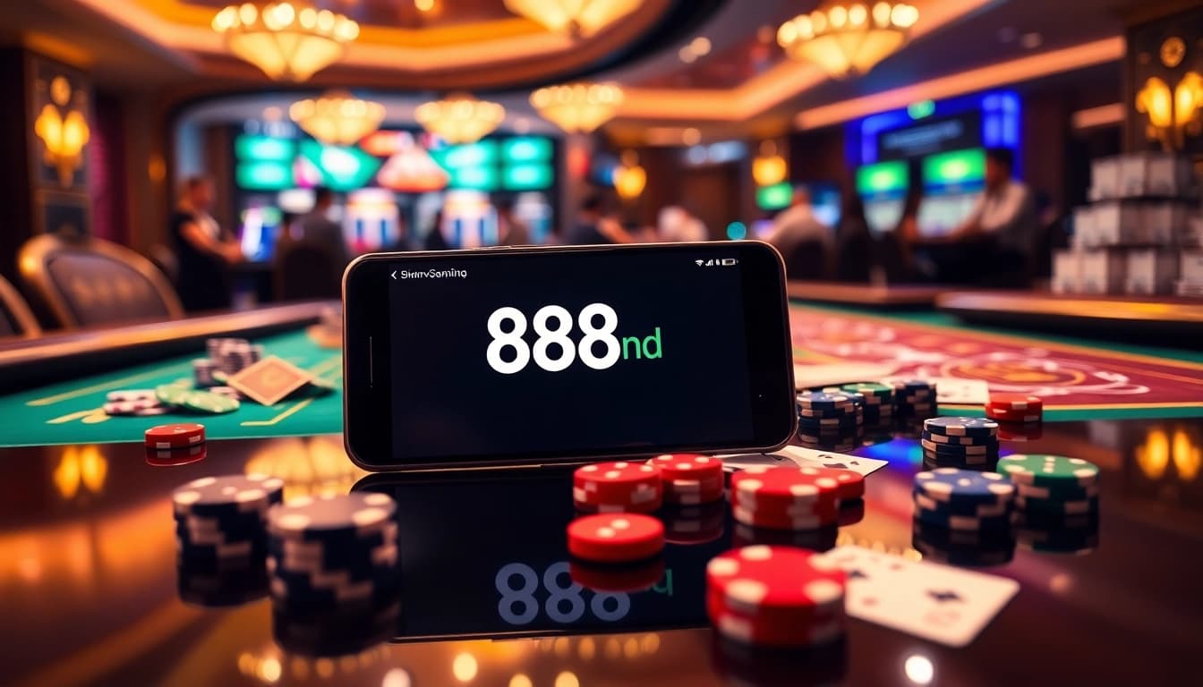 The 888vnd app displayed on a smartphone amid vibrant casino elements like poker chips and cards, showcasing online gambling excitement.