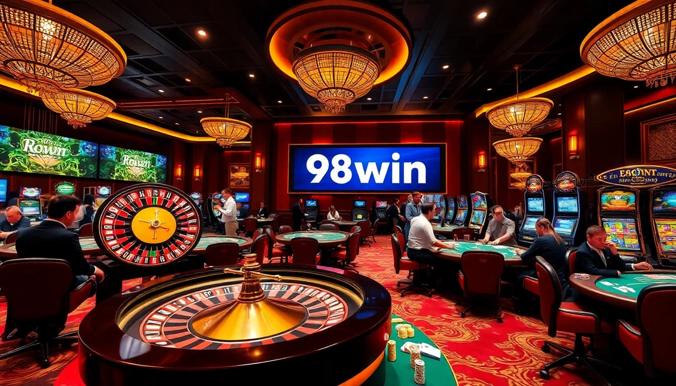 Experience the excitement of gaming at link 98win’s luxury casino with vibrant roulette wheels and poker tables.