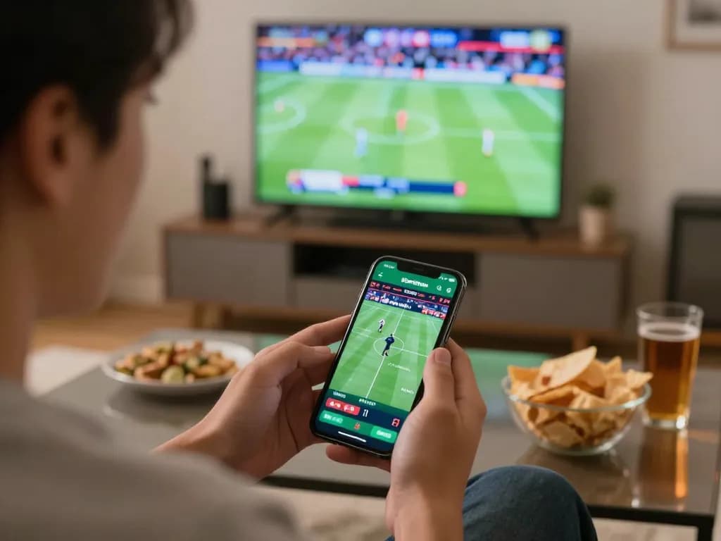 Sports betting excitement with 678vip app on smartphone, live sports event in background
