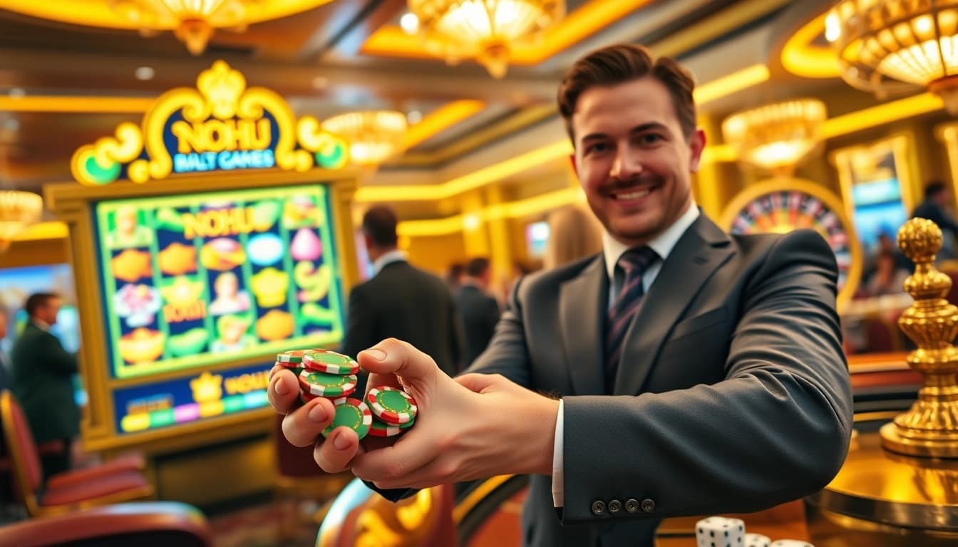 Experience the thrill of nohu gaming at a luxurious casino with vibrant slot machines and eager players.