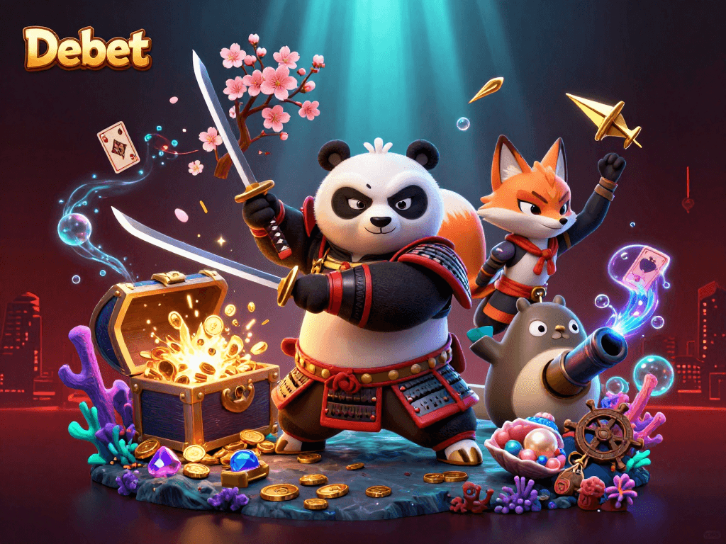 Engage with Debet's thrilling gaming adventure featuring samurai panda and ninja fox in action.
