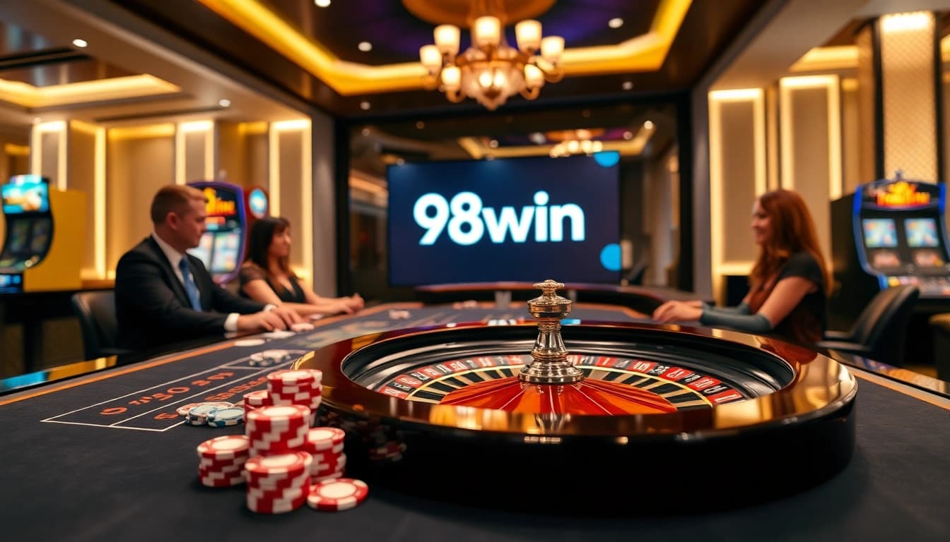 Exciting gaming scene at 98win casino with vibrant tables and joyful players.
