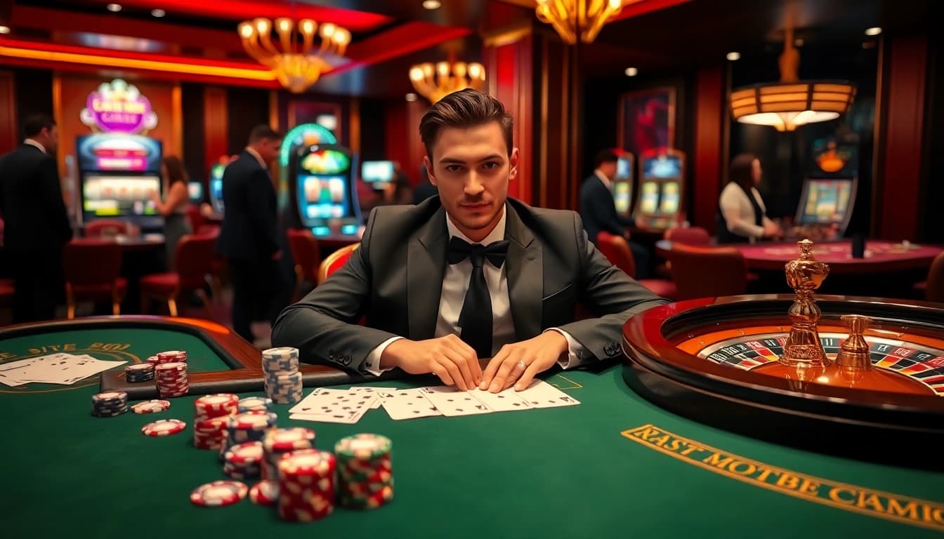 A thrilling gambling scene at alo789 showcasing a poker table and roulette wheel filled with chips.