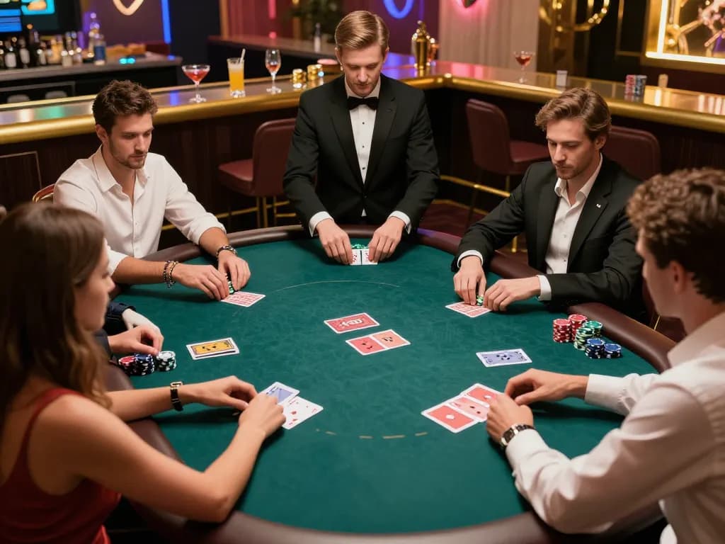 Players engage in a thrilling poker game at 8kbet's upscale casino, capturing the excitement and strategy involved.