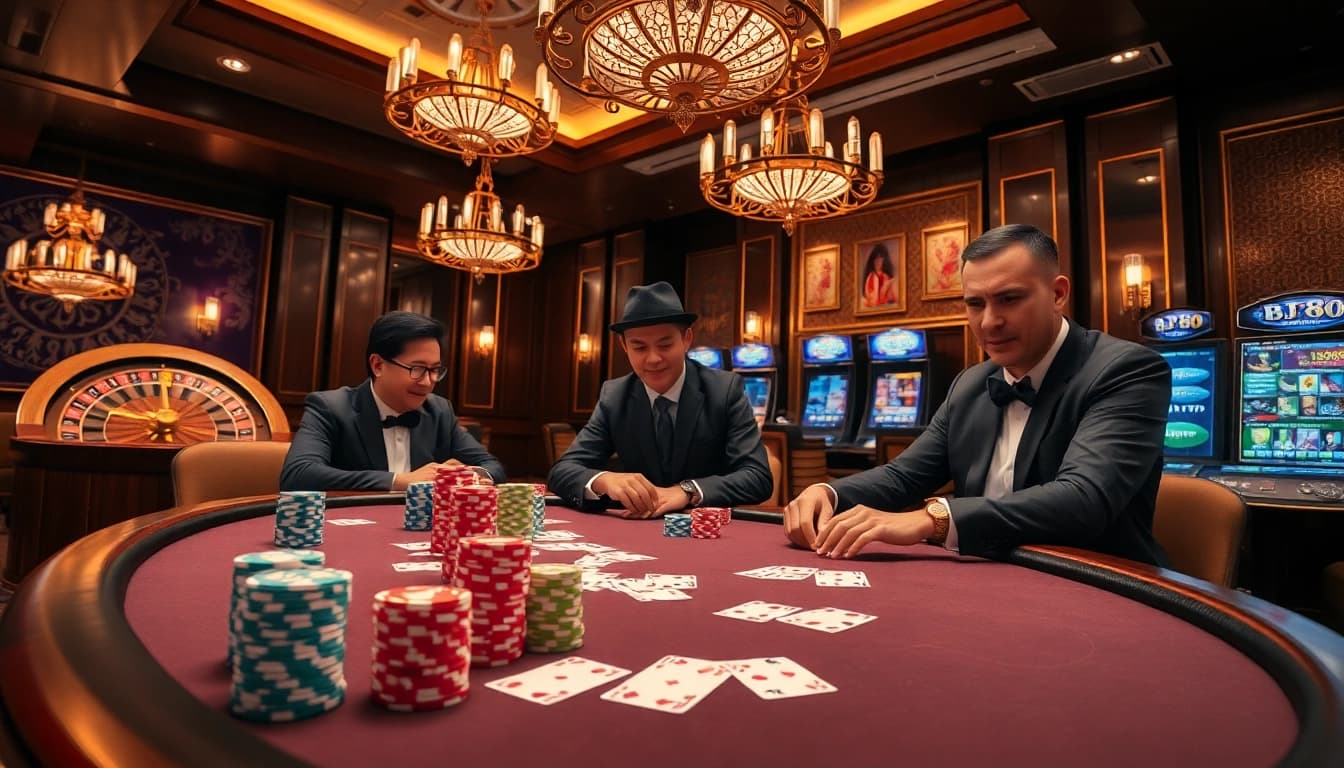 BJ88 poker game scene showcasing high-stakes action with colorful chips and classic cards.