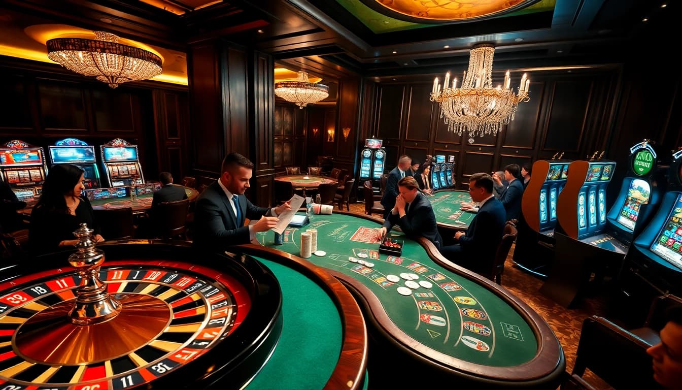 A dynamic gambling scene illustrating excitement with poker tables and a roulette wheel at https://vj88vn.com/, tailored for avid players.