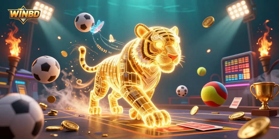 Engage in exciting sports betting at WINBD with a neon golden tiger in a vibrant digital casino landscape.
