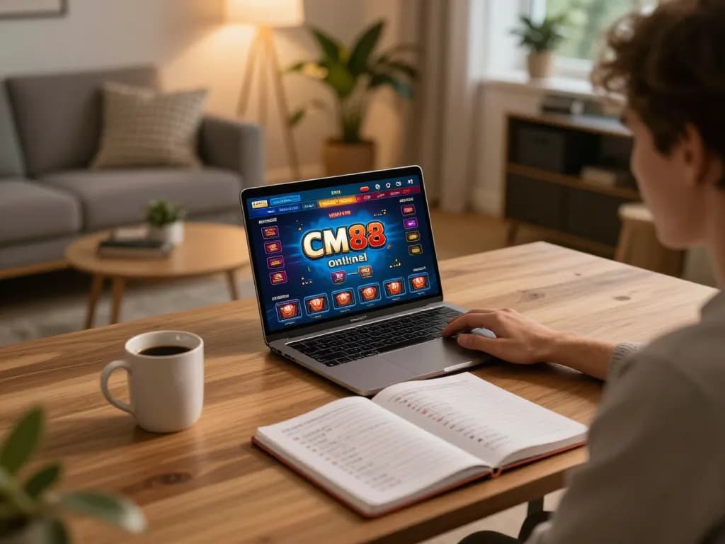 Engaging in online gaming at CM88 from a cozy home setup with vibrant game display