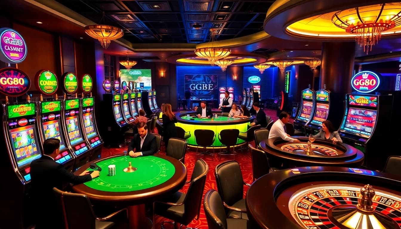 Players enjoying GG88-themed slots and poker games in a vibrant casino atmosphere.