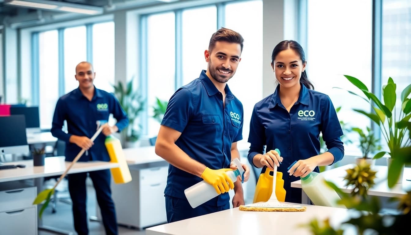 Professional team providing commercial cleaning services in a bright office space.