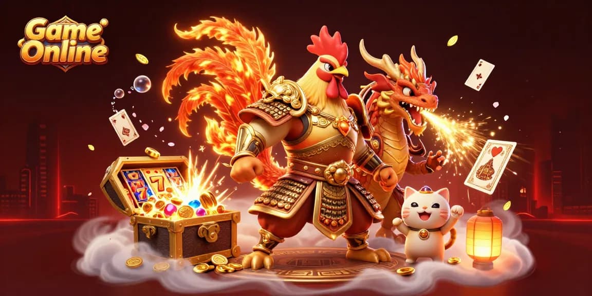 Game Online illustration with a fighting rooster, dragon, and gold treasures.