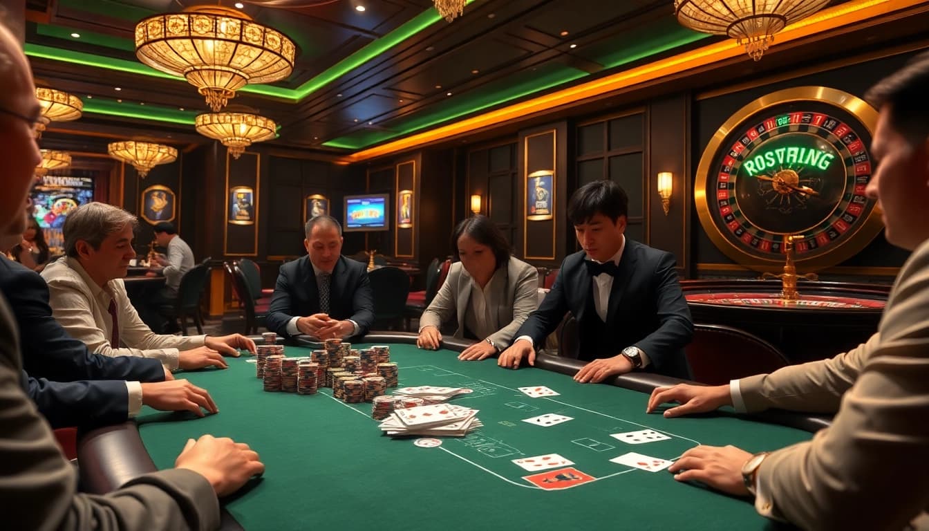 Engage in the thrilling bancadoithuong casino experience with vibrant poker tables and luxury decor.
