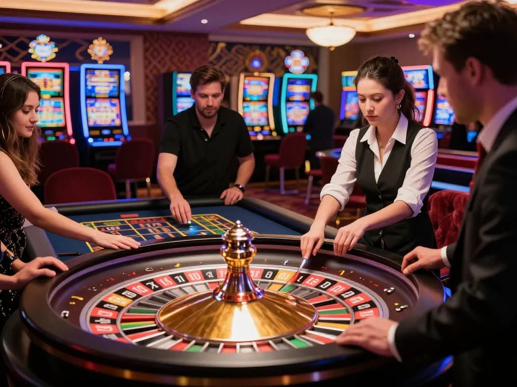 Players engage in a thrilling roulette game on the TR88 casino floor, placing bets amidst vibrant decor.