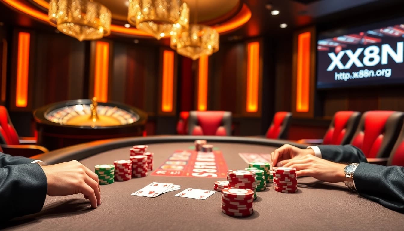 Intense poker action at a luxurious casino table, featuring elements of https://xx88n.org/ with vibrant chips and high-stakes gameplay.