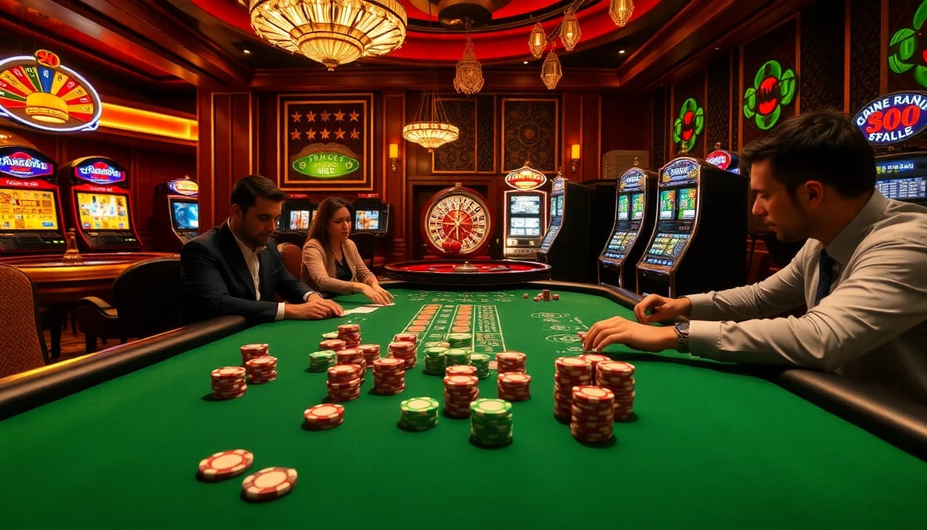 Players enjoying a thrilling poker game at a casino table with XX88-themed chips and cards.
