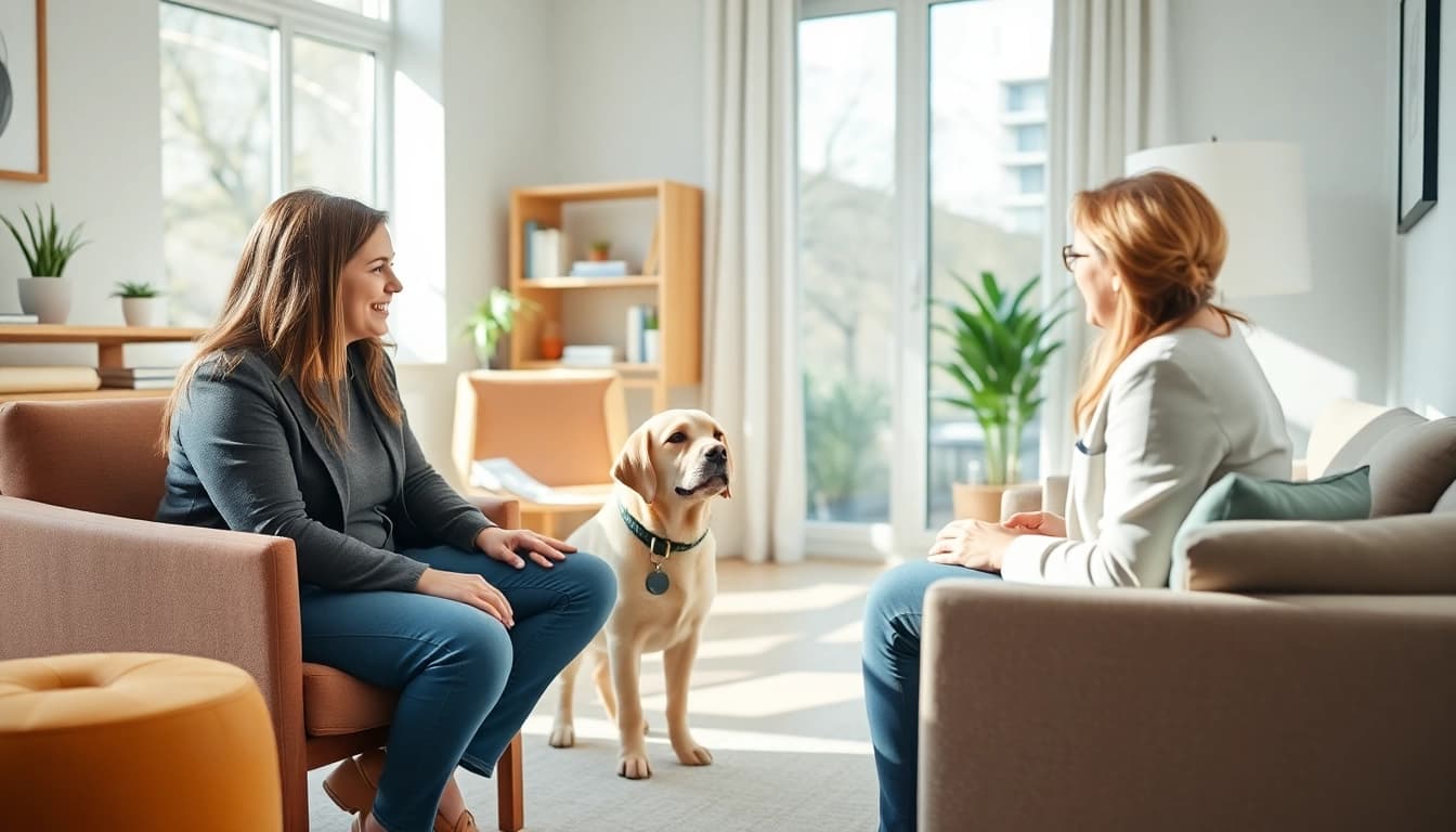 Engaging session with clinical Psychologist Sydney alongside therapy dog fostering a supportive environment.