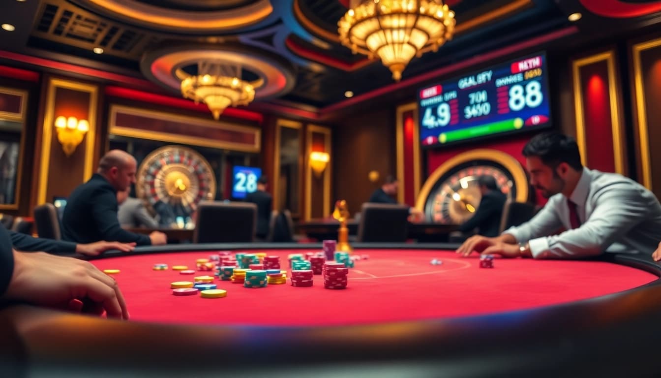 Players engaged in a high-stakes poker game at EE88 casino, showing poker chips and excitement.