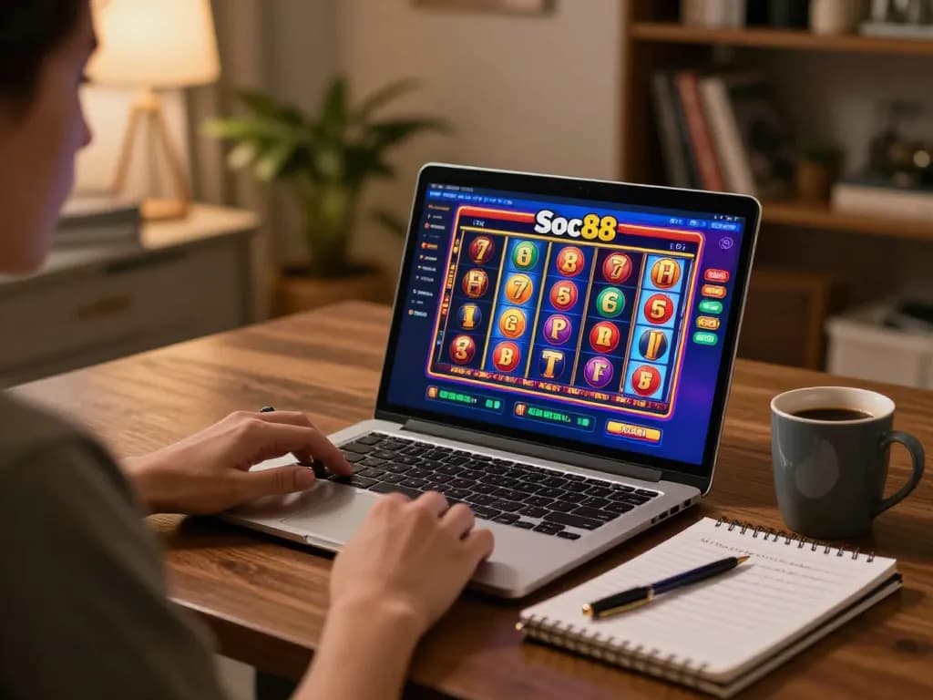 Engaging player enjoying Soc88's online casino games on a cozy home setup.