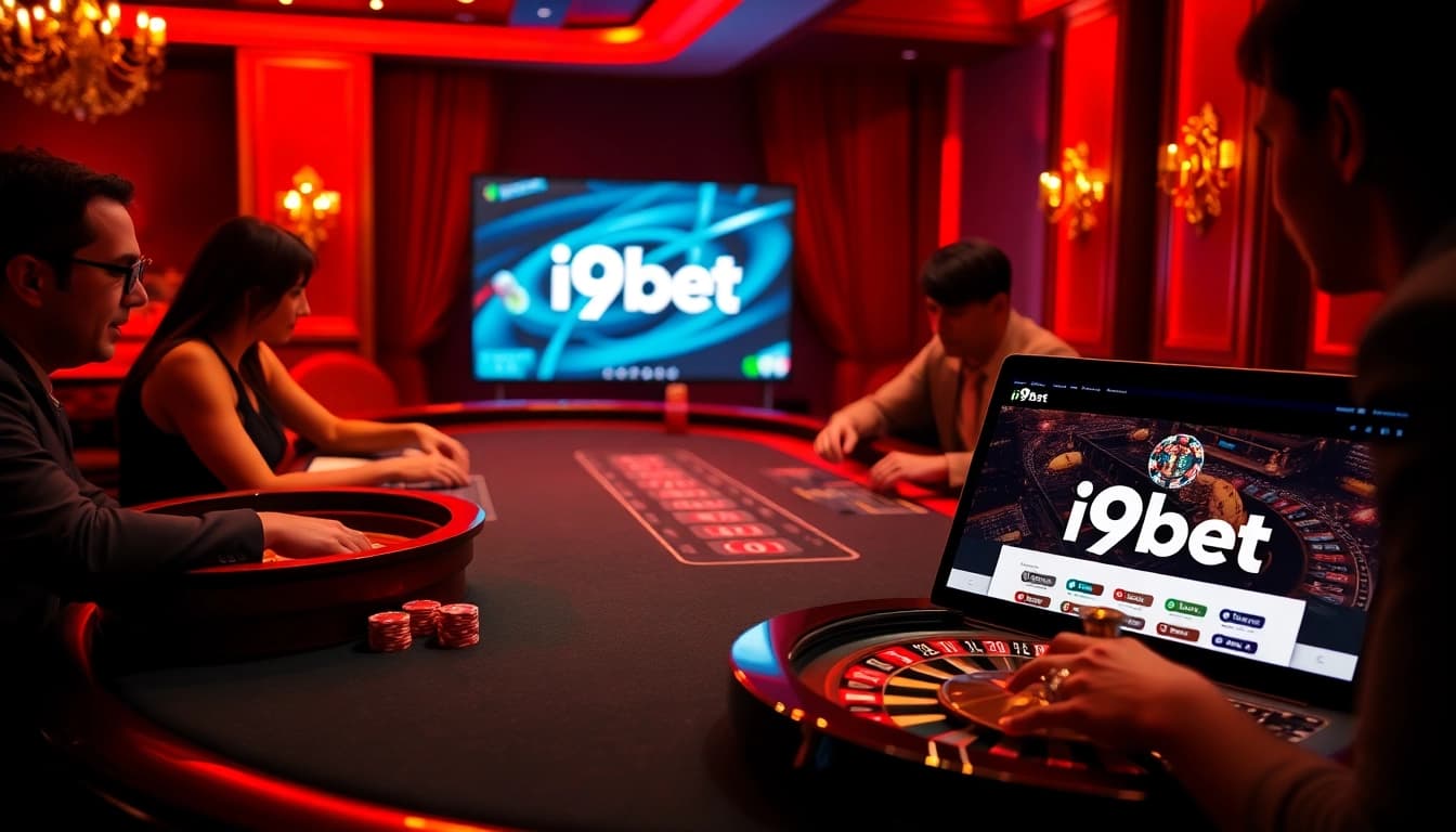 Excited players gaming at a casino table featuring i9bet. com, ensuring a thrilling betting experience.