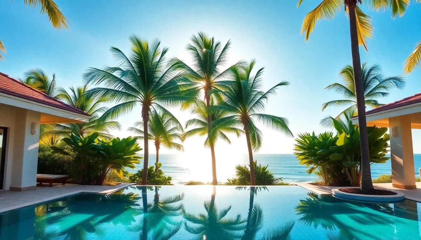 Promote villas property management by showcasing a stunning tropical villa with a pool and ocean view.