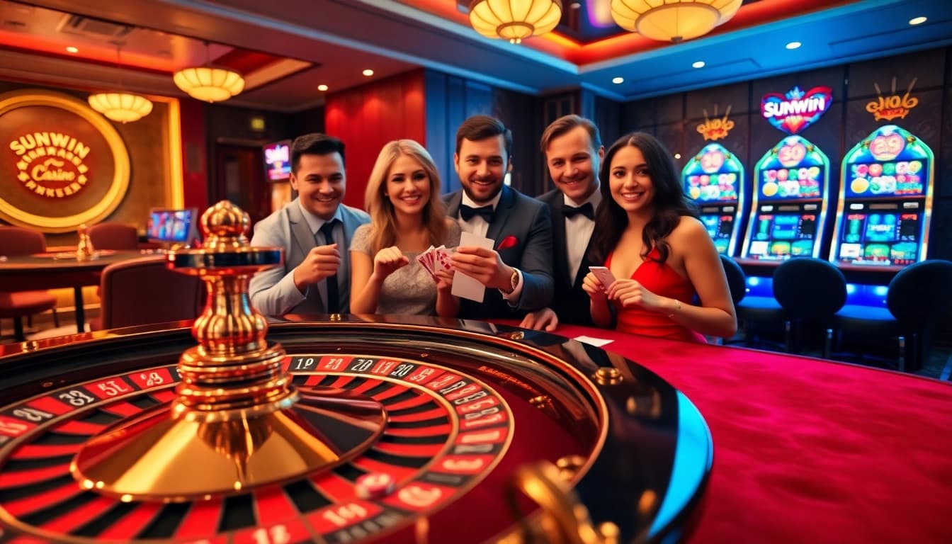 Sunwin players reveling in excitement at a luxurious casino table.