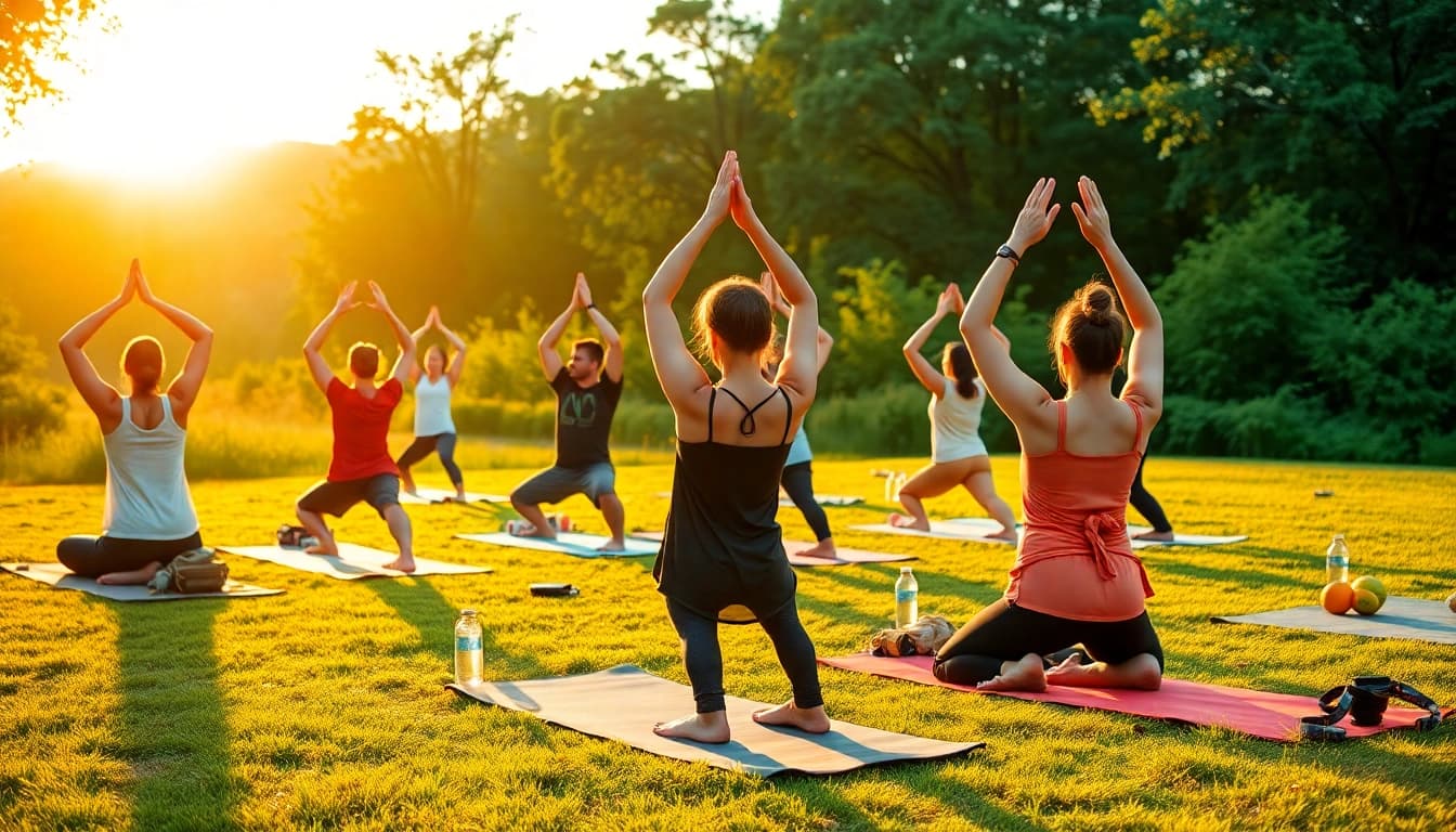 Group practicing yoga outdoors at sunrise, showcasing Weight Loss through healthy living.