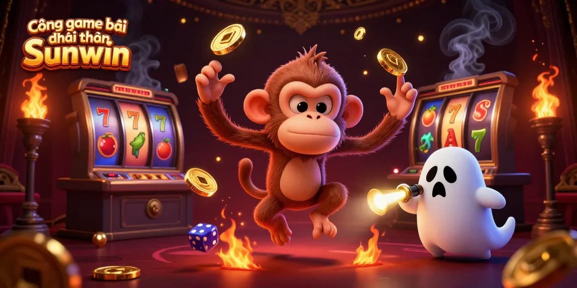 Cổng game bài đổi thưởng Sunwin showcases a lively scene with a mischievous monkey juggling gold while a ghost-hunter puppy tracks it.