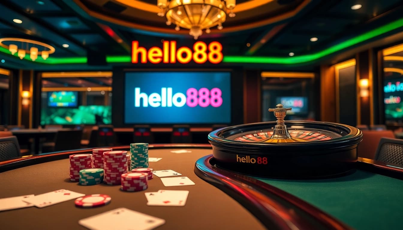Hello88 poker table with vibrant chips and exciting gaming atmosphere in a luxurious casino.