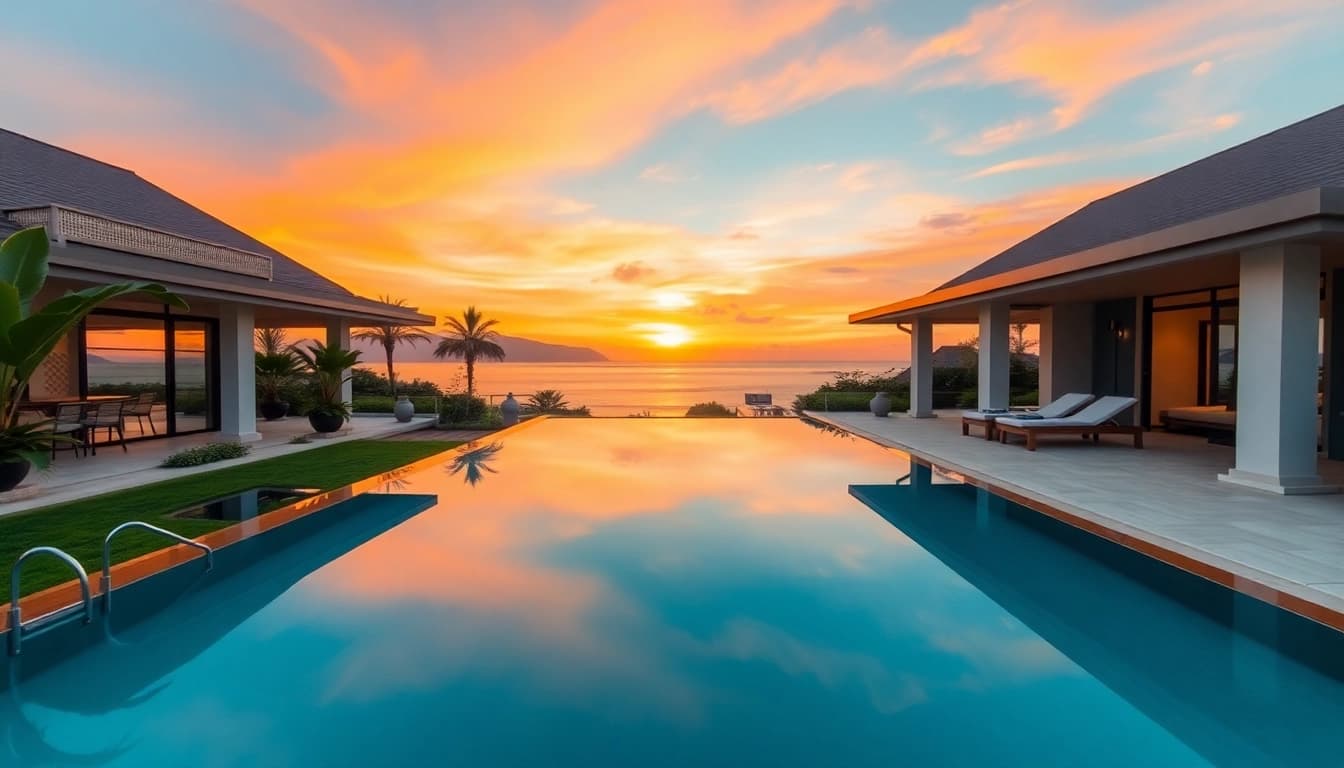 Enhance your villas property management with a stunning sunset view of Phuket's luxury villa.