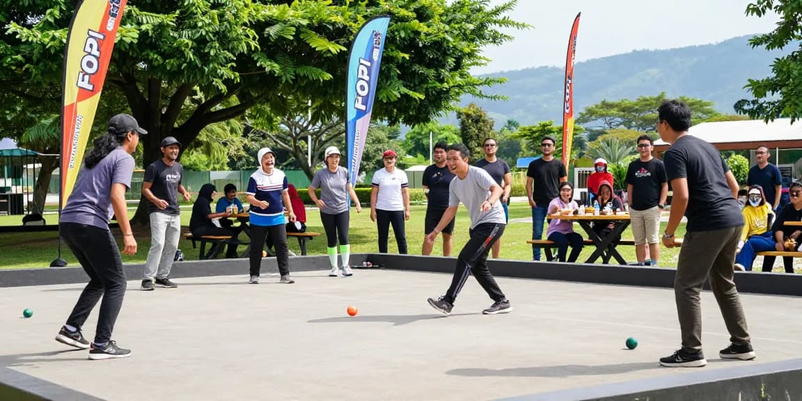 Exciting petanque match at FOPI Kota Tomohon, with vibrant players and community atmosphere.