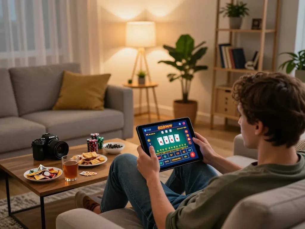 Player engages with the 888NEW casino app on tablet while enjoying snacks in a cozy home setting.