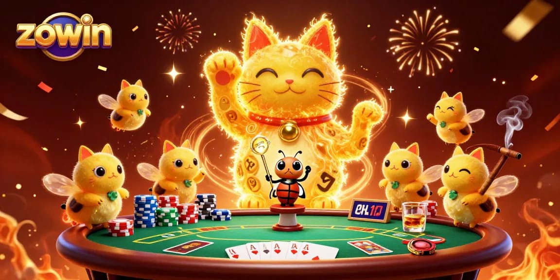 Zowin's animated lucky cat symbol dazzles players at a vibrant poker game.