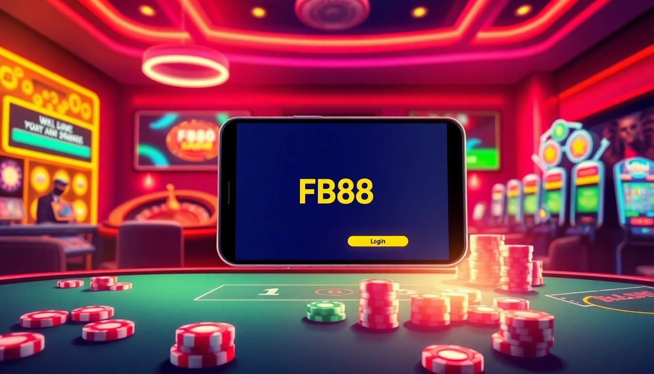 Đăng Nhập FB88 using an interactive online casino interface featuring a poker table, roulette wheel, and vibrant slot machines.