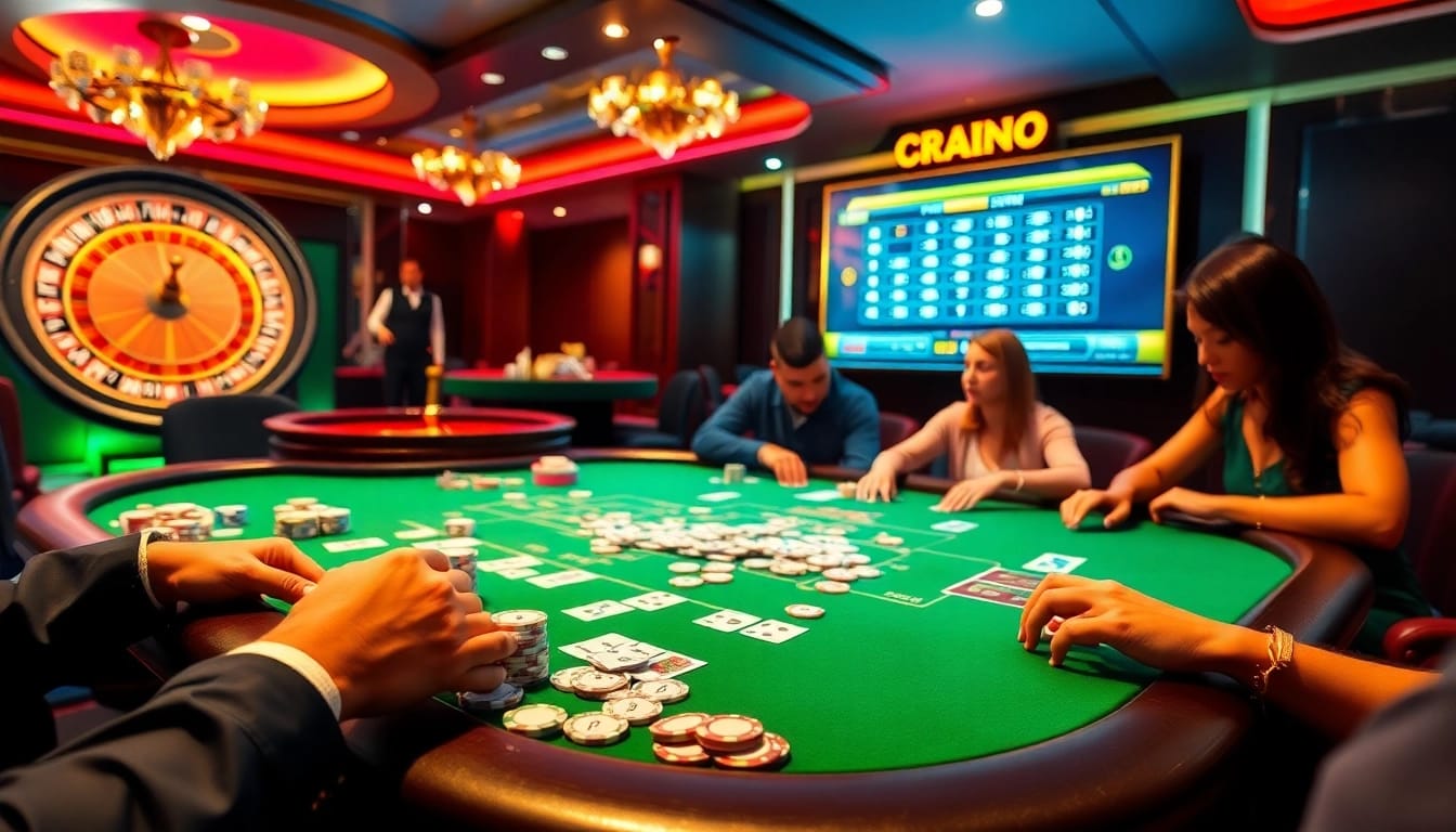 Experience the thrill of gambling with 상품권소액결제 as players engage in poker at a vibrant casino table.