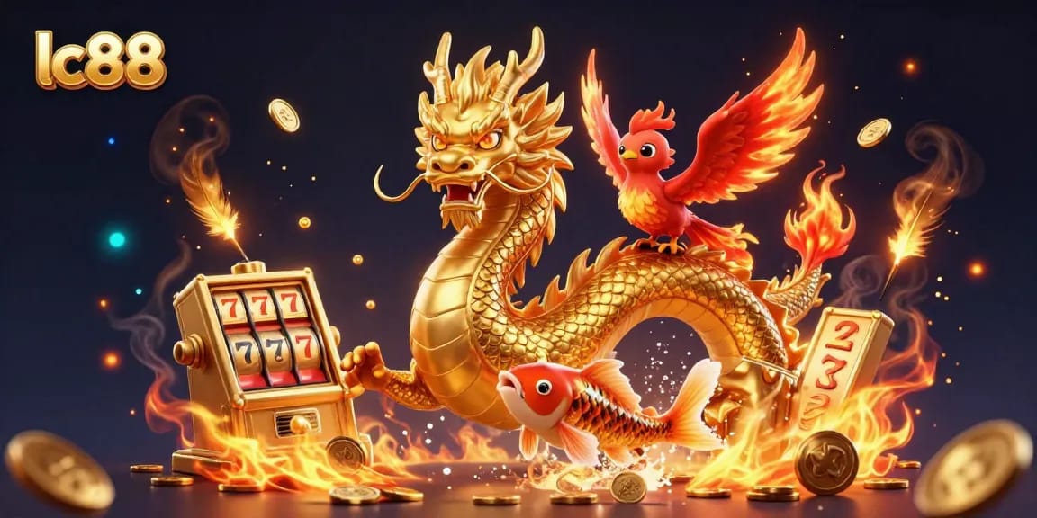 Experience the thrilling gaming adventure at lc88 with a dynamic illustration featuring a golden dragon and rich casino elements.
