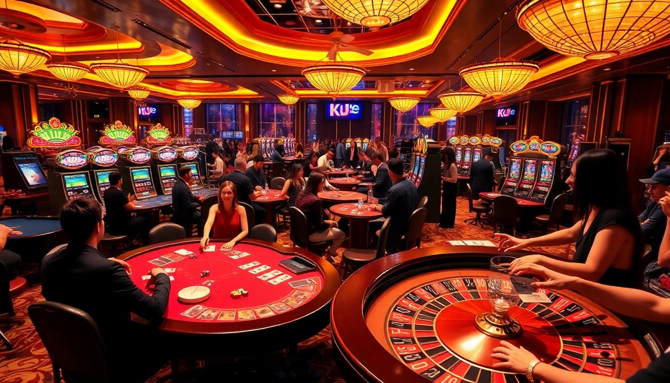 KJC players celebrating a win at a luxurious casino with vibrant games and professional atmosphere.