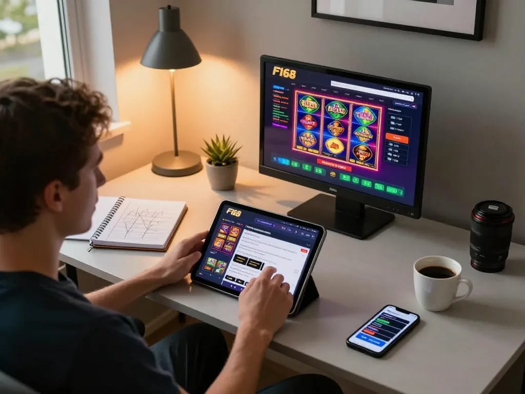 Engaged gambler using F168 app on tablet, surrounded by notes and a cup of coffee, in a cozy home office.